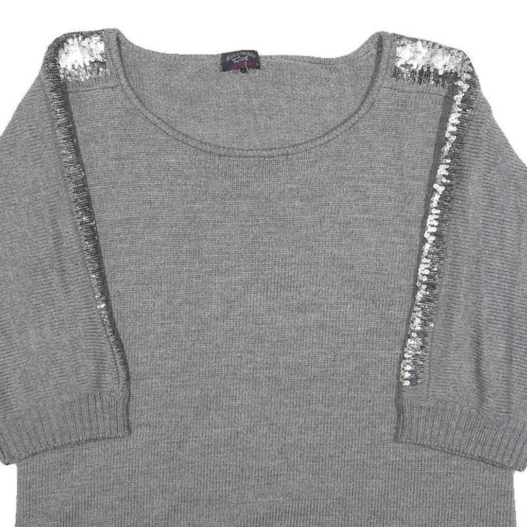 PAUL & SHARK Womens Grey Wool Plain Jumper Scoop Neck Basic Knit XL Sequined