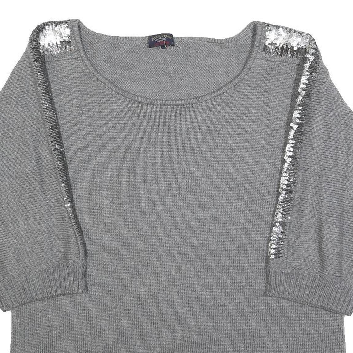 PAUL & SHARK Womens Grey Wool Plain Jumper Scoop Neck Basic Knit XL Sequined