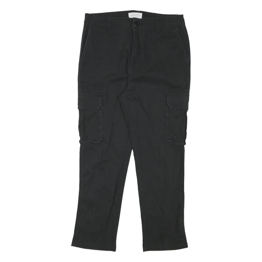 PIER ONE Mens Black Slim Cargo Cotton Blend Trousers W32 L27 Zip Pockets