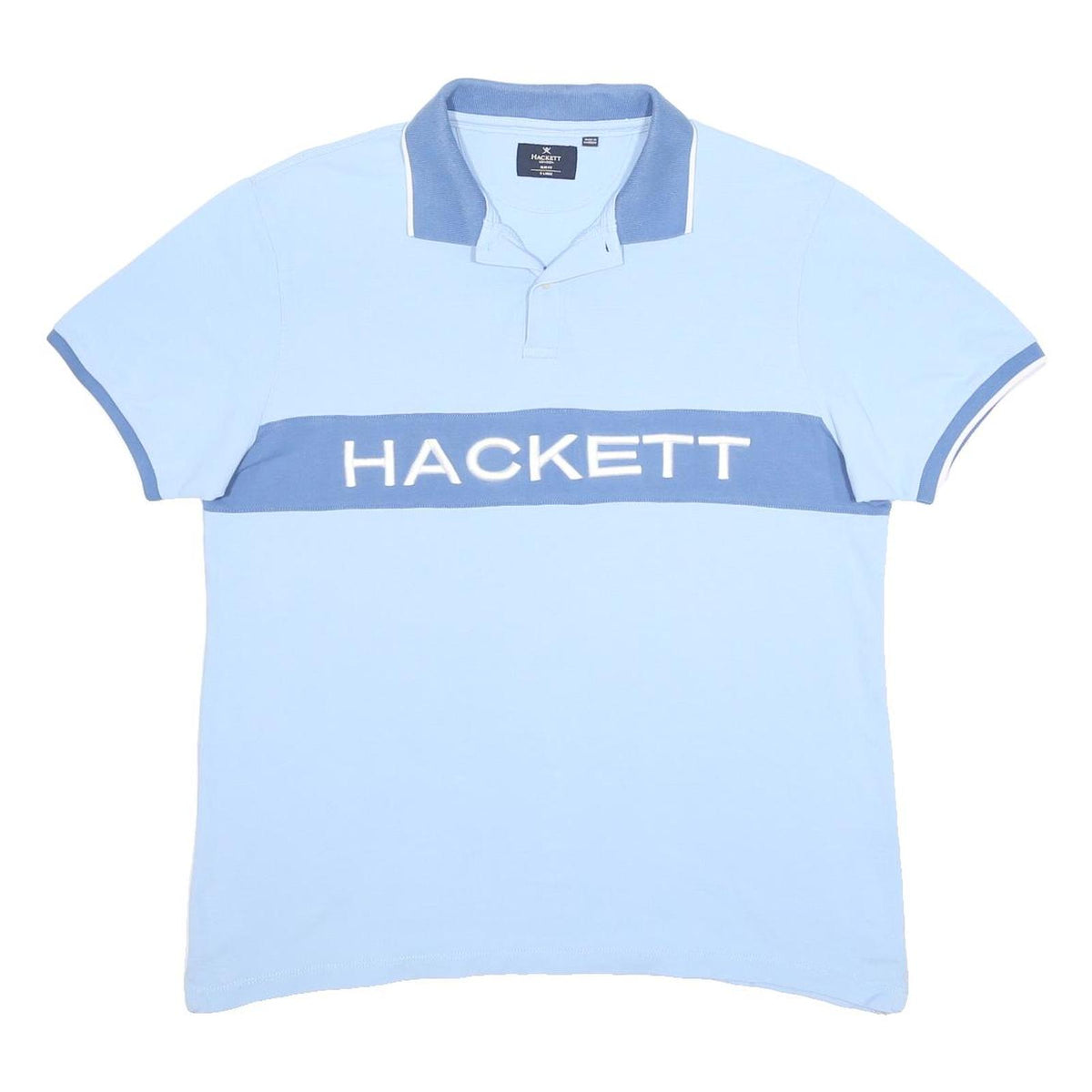 HACKETT LONDON Mens Blue & Sky Blue Cotton Polo Shirt XL Logo Number 1 Casual