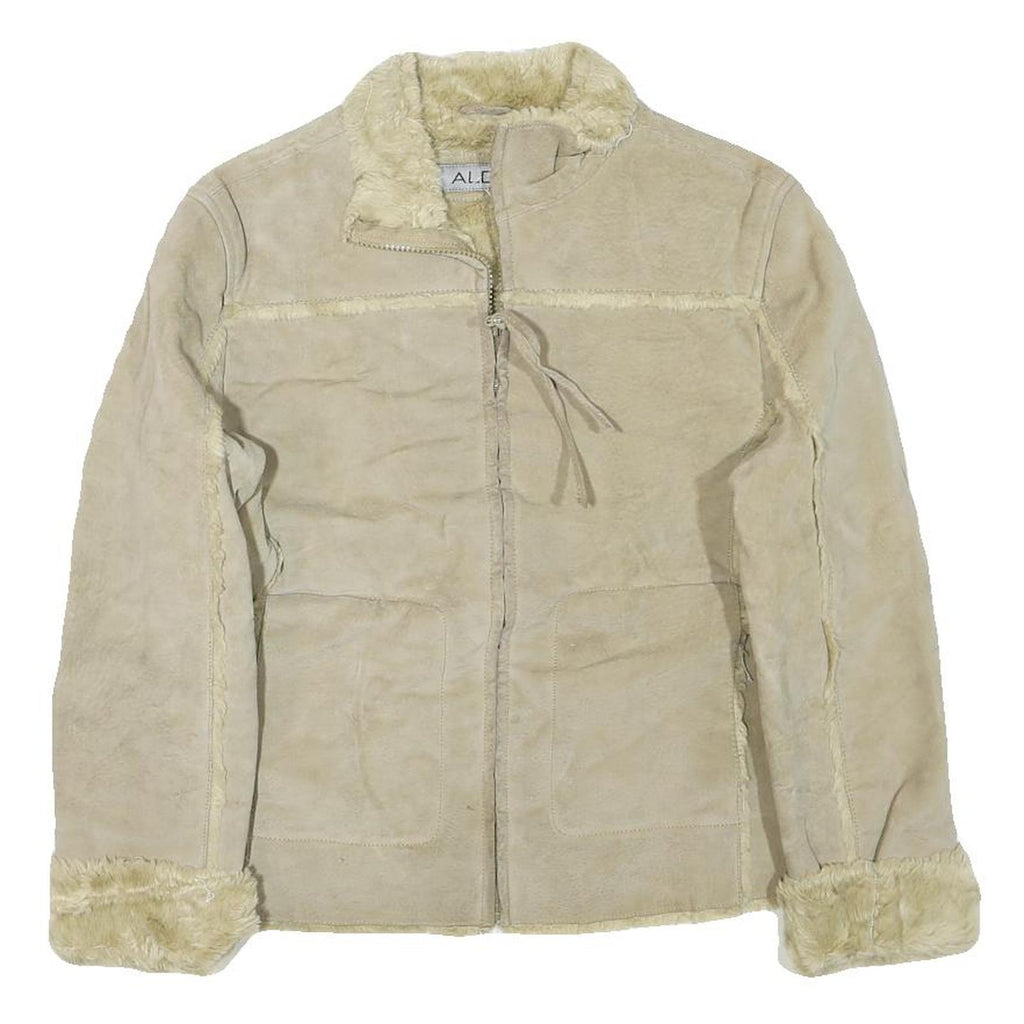 ALDO Womens Beige Leather Jacket M Shearling Zip Front Casual