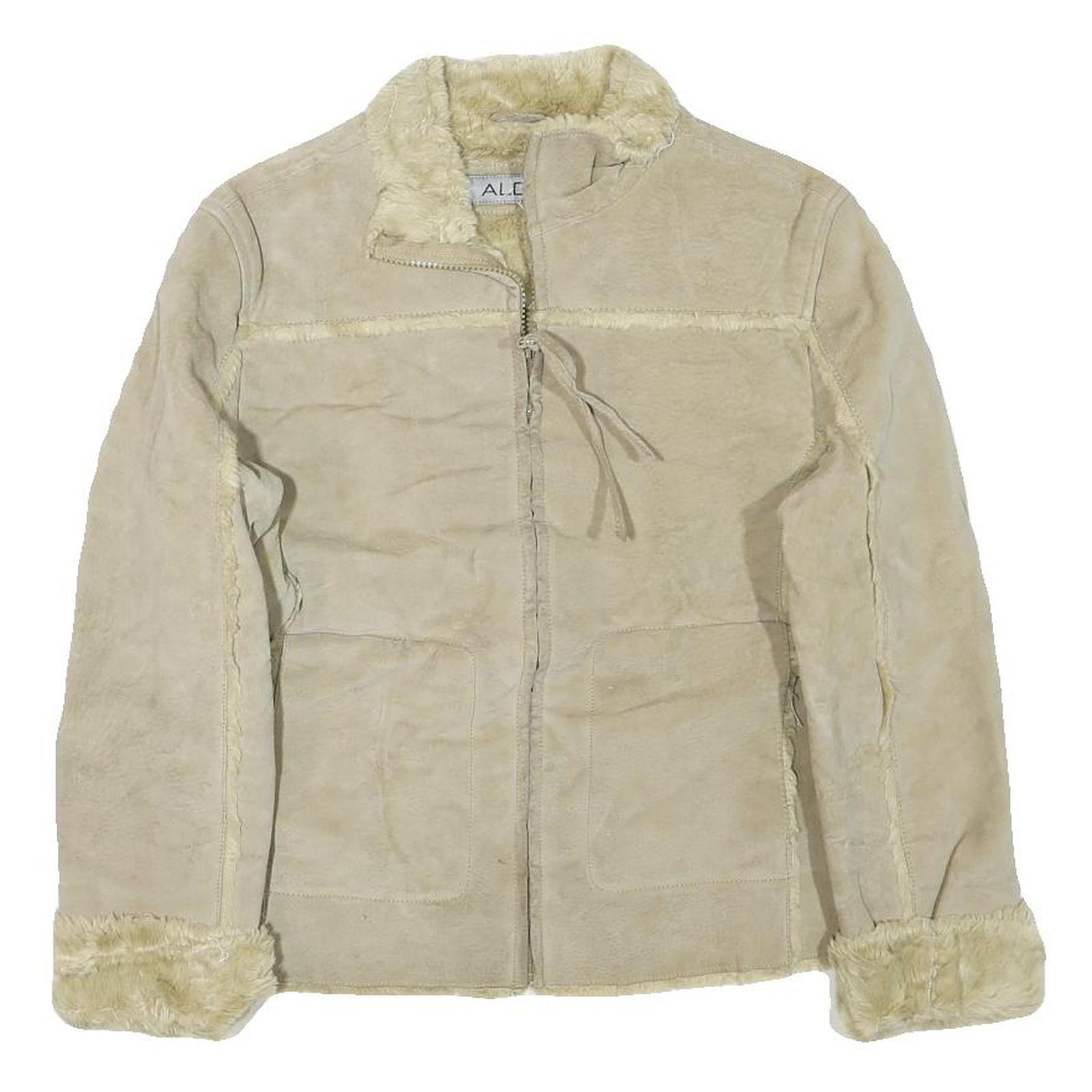 ALDO Womens Beige Leather Jacket M Shearling Zip Front Casual
