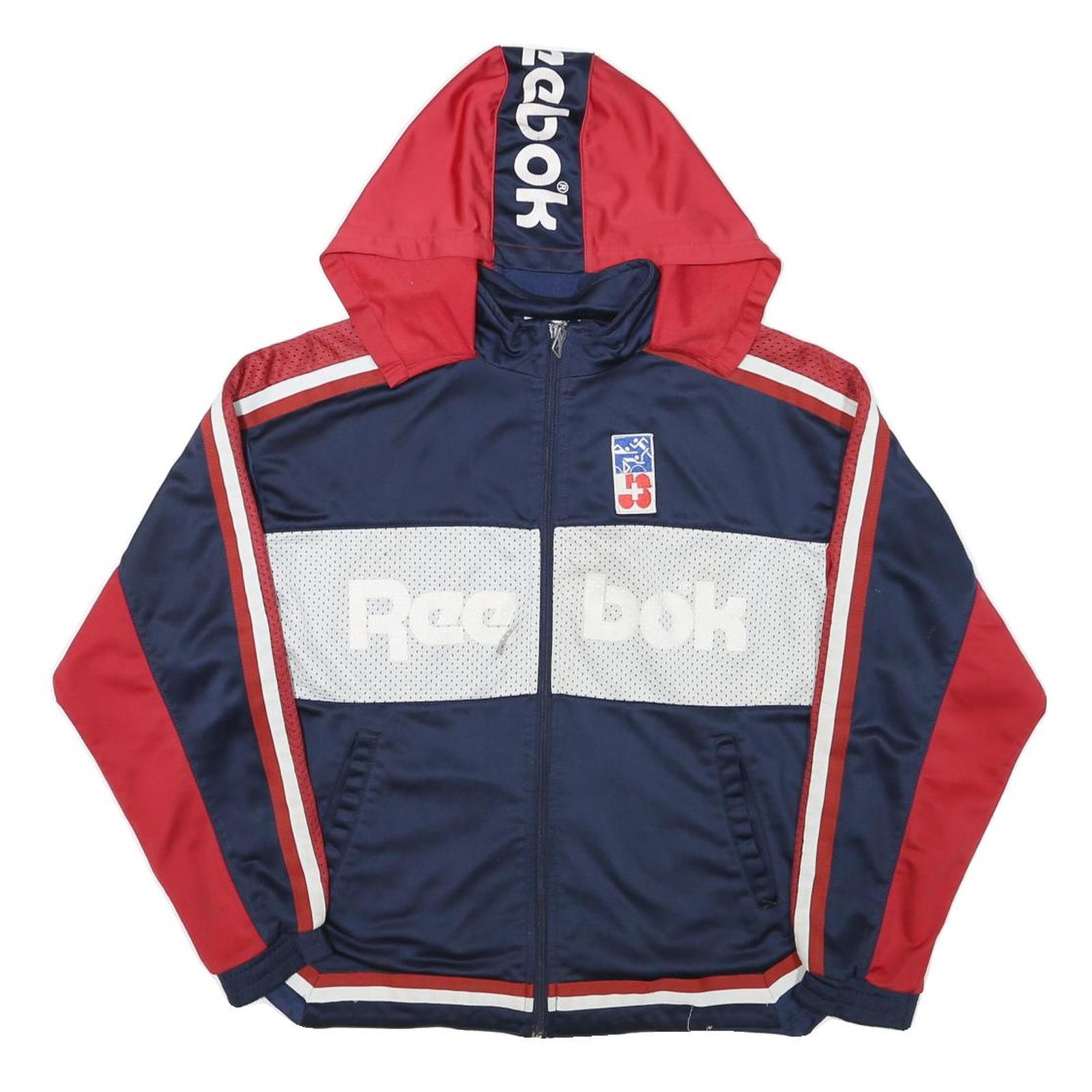 REEBOK Womens Navy & Red Graphic Pullover Hoodie XL Zip Sports Sweatshirt