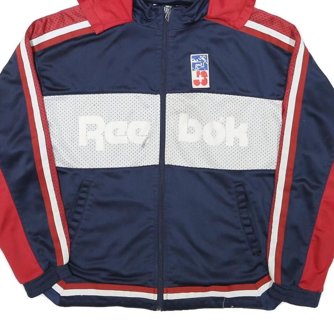 REEBOK Womens Navy & Red Graphic Pullover Hoodie XL Zip Sports Sweatshirt