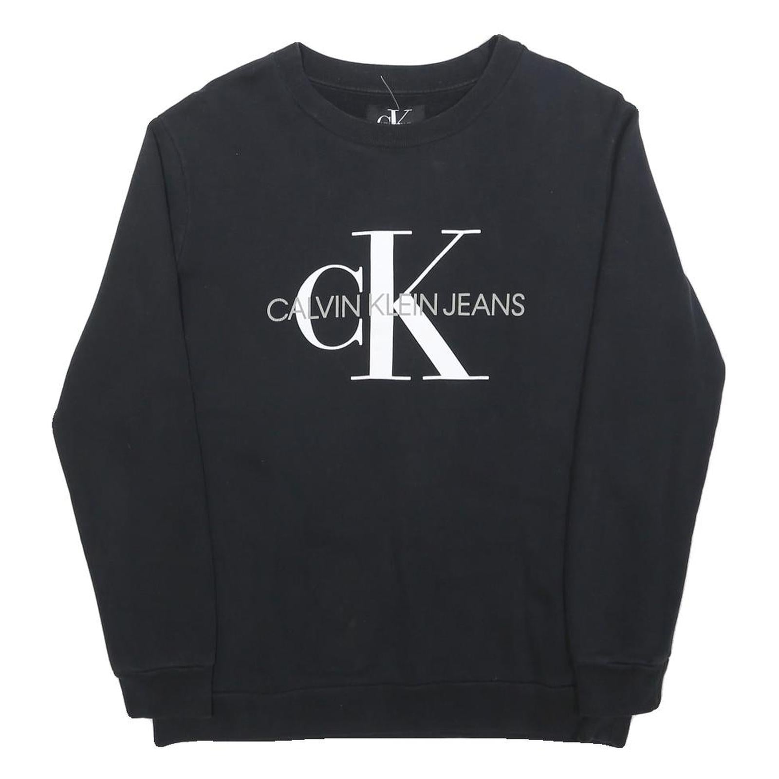 CALVIN KLEIN JEANS Mens Black Crew Neck Sweater S Cotton Blend Logo Print