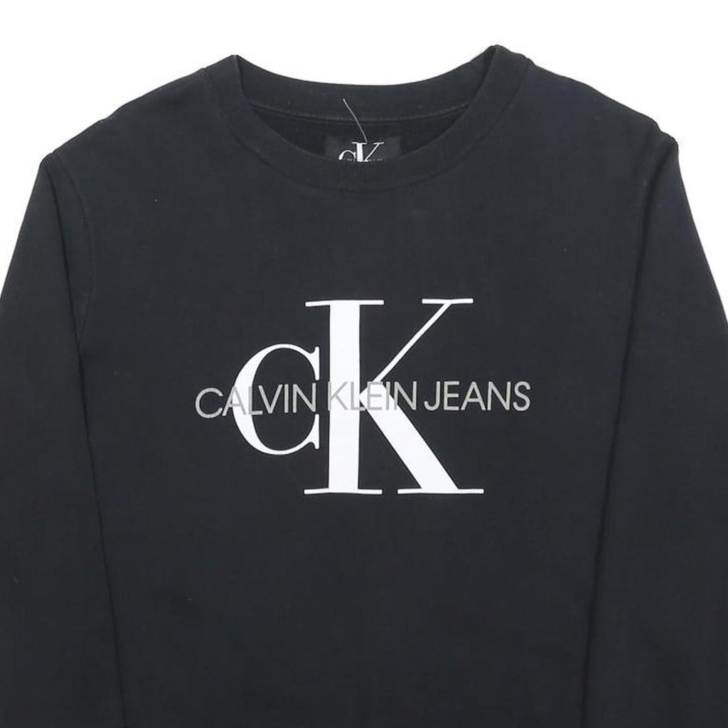 CALVIN KLEIN JEANS Mens Black Crew Neck Sweater S Cotton Blend Logo Print