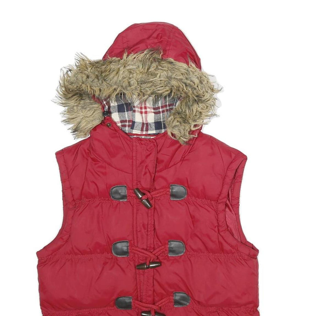 DENIM CO Womens Red Nylon Puffer Gilet Hooded UK 12 Zip Plaid Check Lining