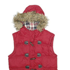 DENIM CO Womens Red Nylon Puffer Gilet Hooded UK 12 Zip Plaid Check Lining