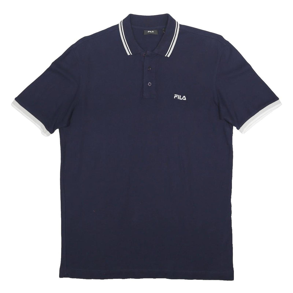 FILA Mens Navy Blue & White Short Sleeve Polo Shirt L Cotton Classic Fit Casual