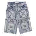 K&M Mens Blue Denim Casual Shorts S W30 Distressed Patchwork Pocket Design