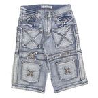 K&M Mens Blue Denim Casual Shorts S W30 Distressed Patchwork Pocket Design