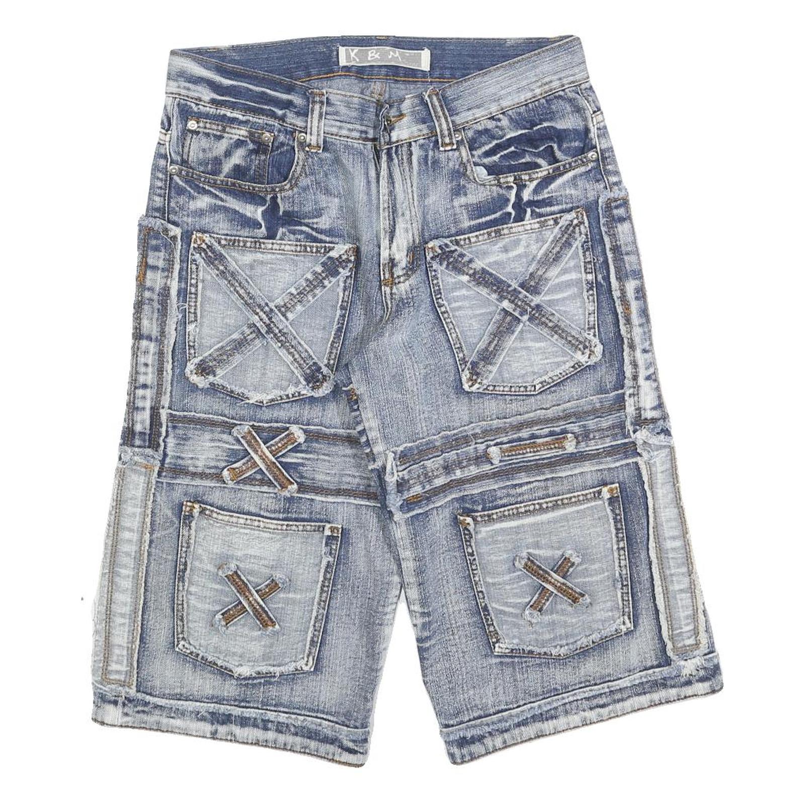 K&M Mens Blue Denim Casual Shorts S W30 Distressed Patchwork Pocket Design