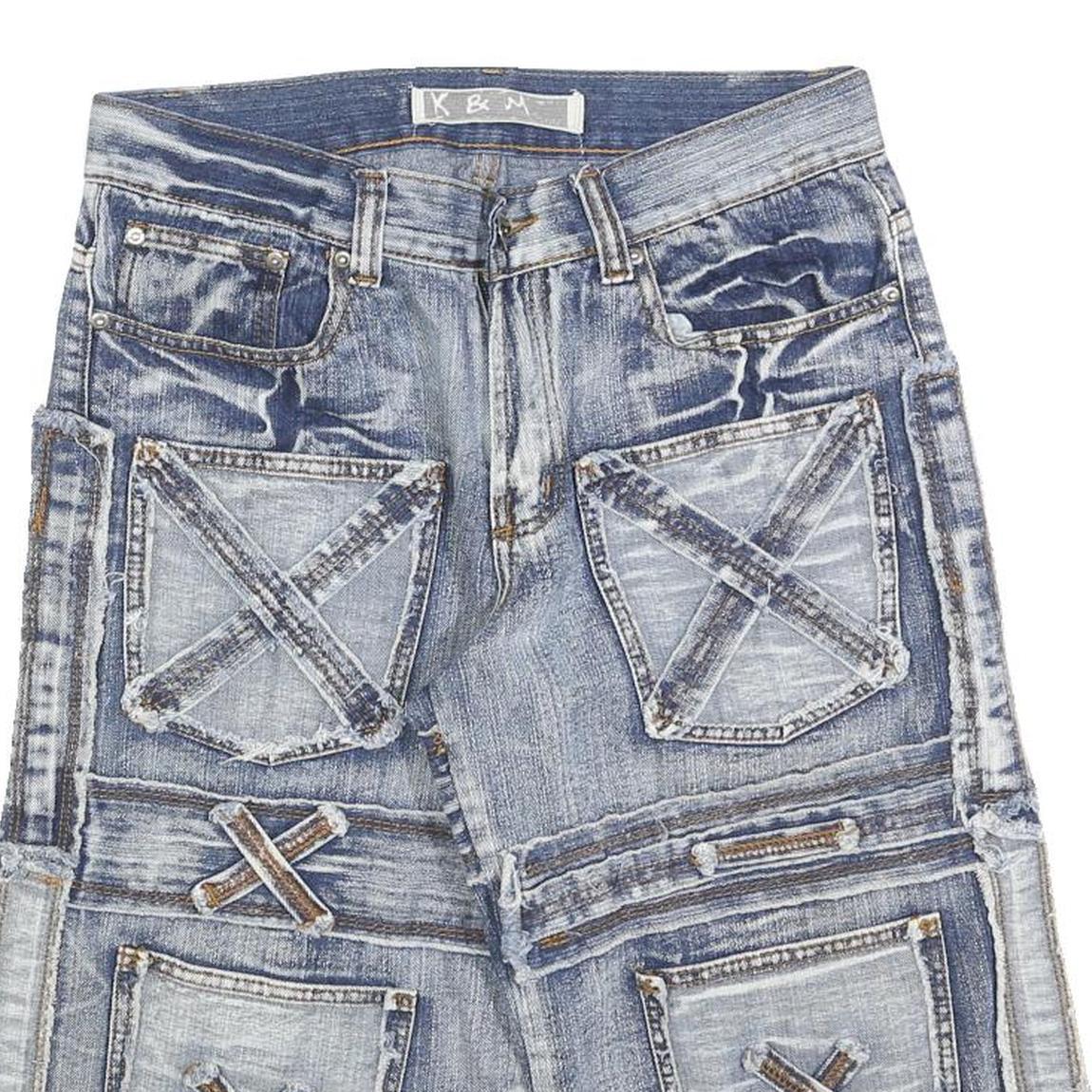 K&M Mens Blue Denim Casual Shorts S W30 Distressed Patchwork Pocket Design