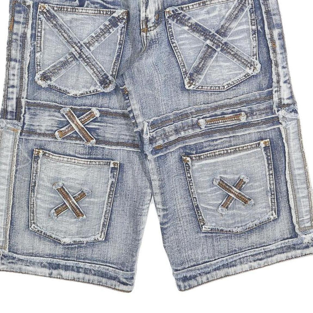 K&M Mens Blue Denim Casual Shorts S W30 Distressed Patchwork Pocket Design