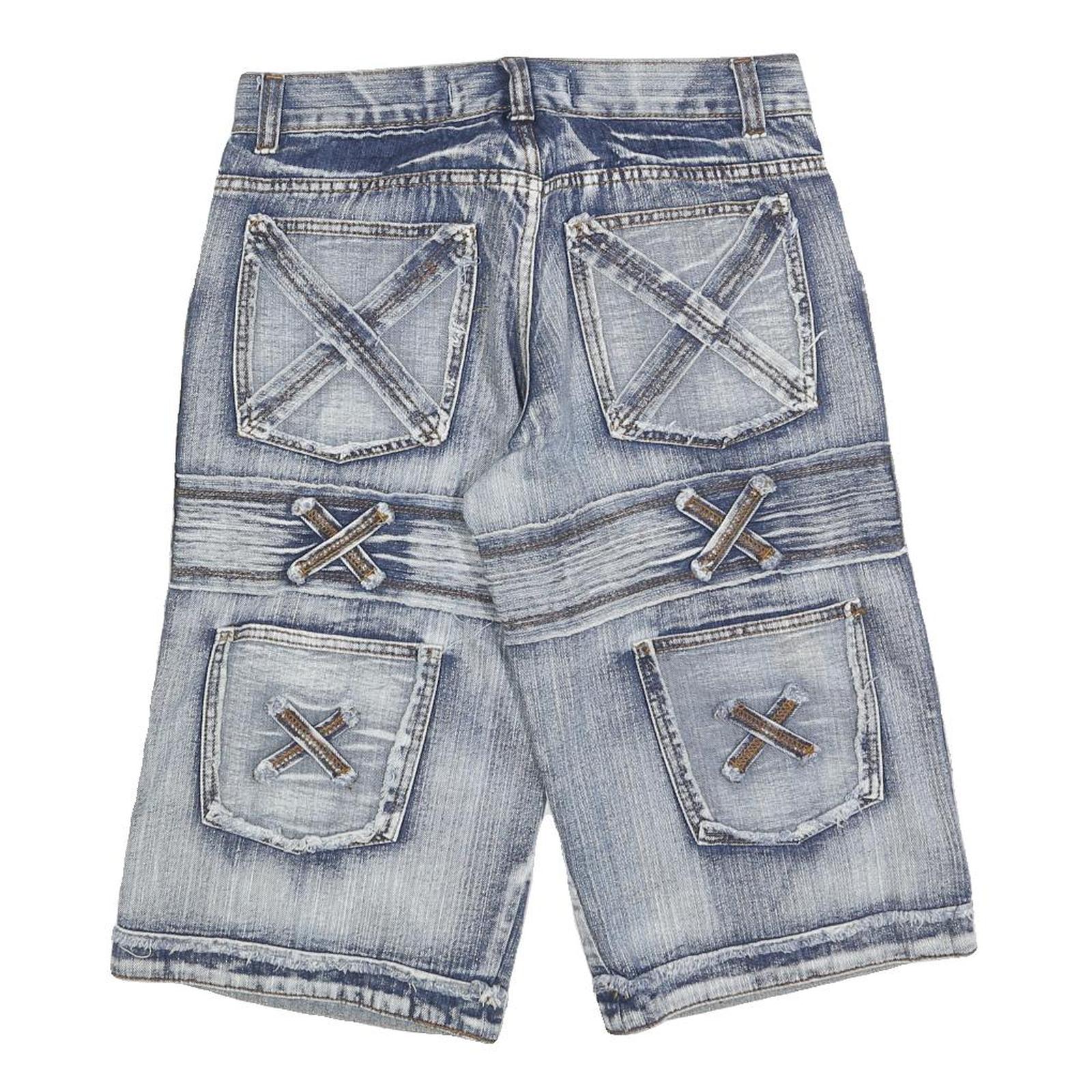 K&M Mens Blue Denim Casual Shorts S W30 Distressed Patchwork Pocket Design