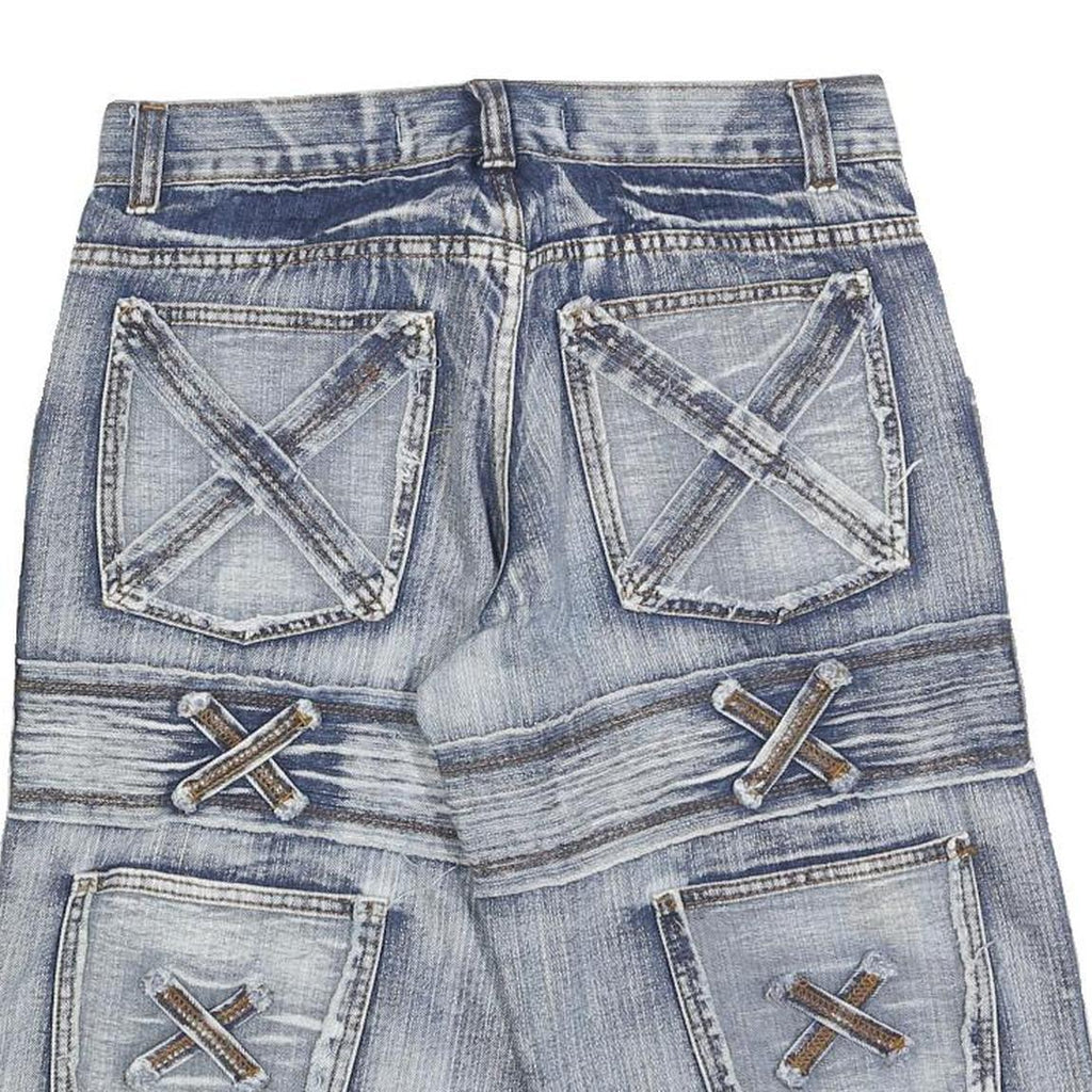 K&M Mens Blue Denim Casual Shorts S W30 Distressed Patchwork Pocket Design