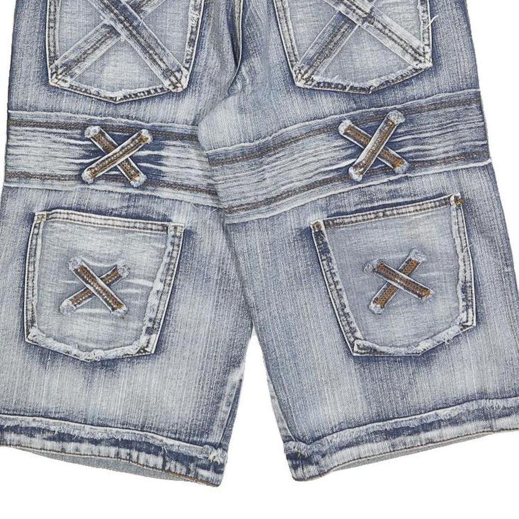 K&M Mens Blue Denim Casual Shorts S W30 Distressed Patchwork Pocket Design