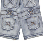 K&M Mens Blue Denim Casual Shorts S W30 Distressed Patchwork Pocket Design