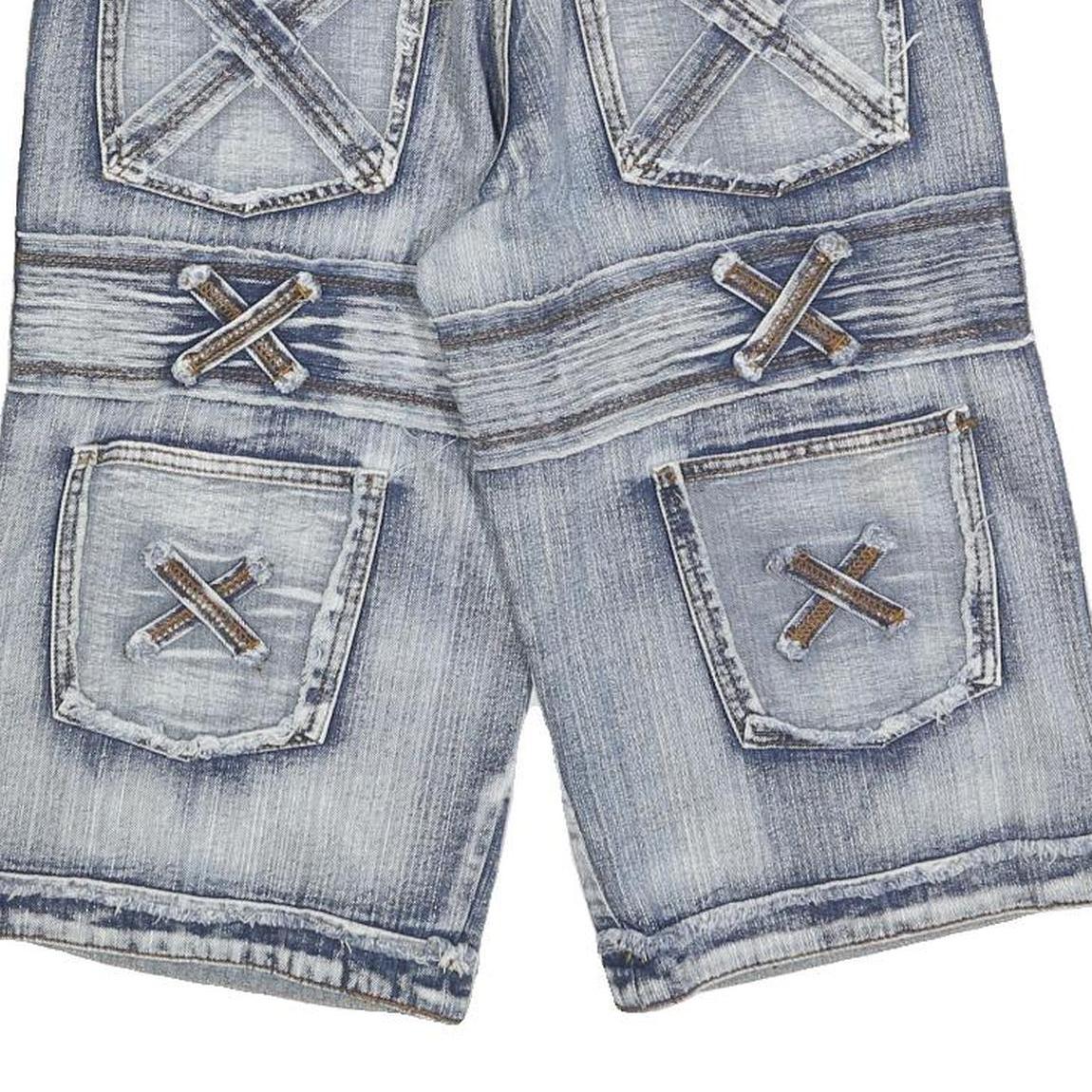 K&M Mens Blue Denim Casual Shorts S W30 Distressed Patchwork Pocket Design
