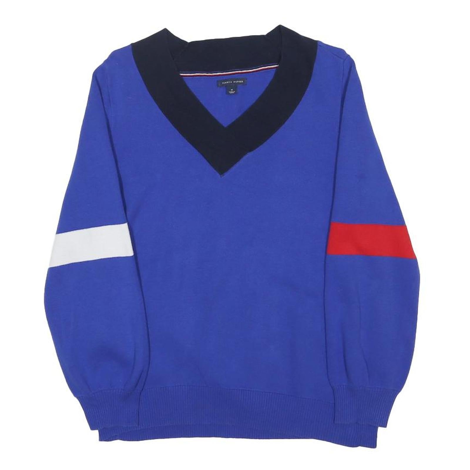 TOMMY HILFIGER Womens Blue & Red & White Plain V-Neck Basic Knit Pullover Jumper