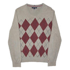 TOMMY HILFIGER Mens Beige & Maroon Patterned V-Neck Basic Knit Jumper M Classic