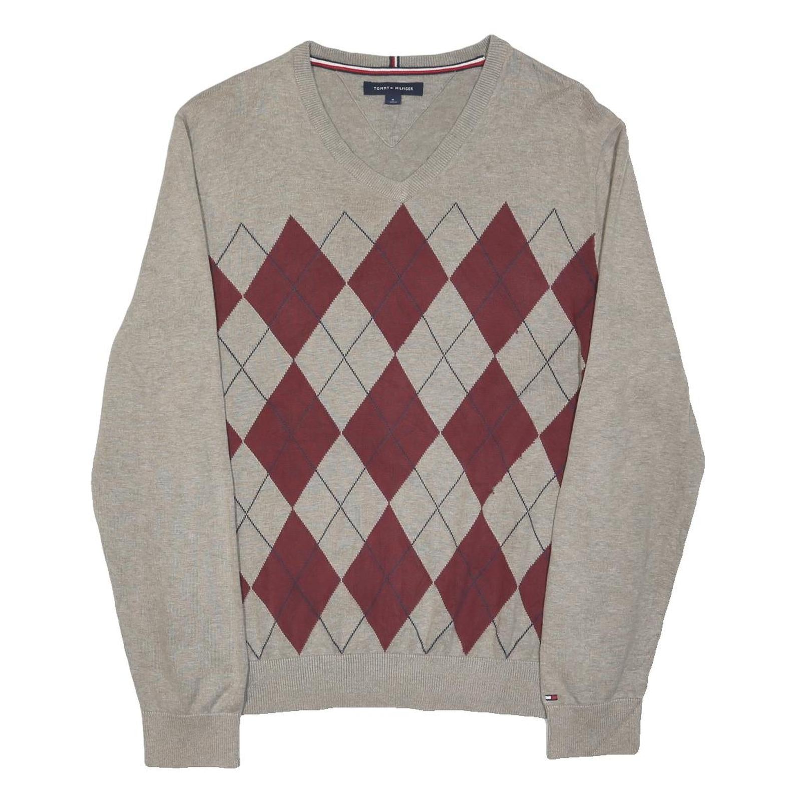 TOMMY HILFIGER Mens Beige & Maroon Patterned V-Neck Basic Knit Jumper M Classic