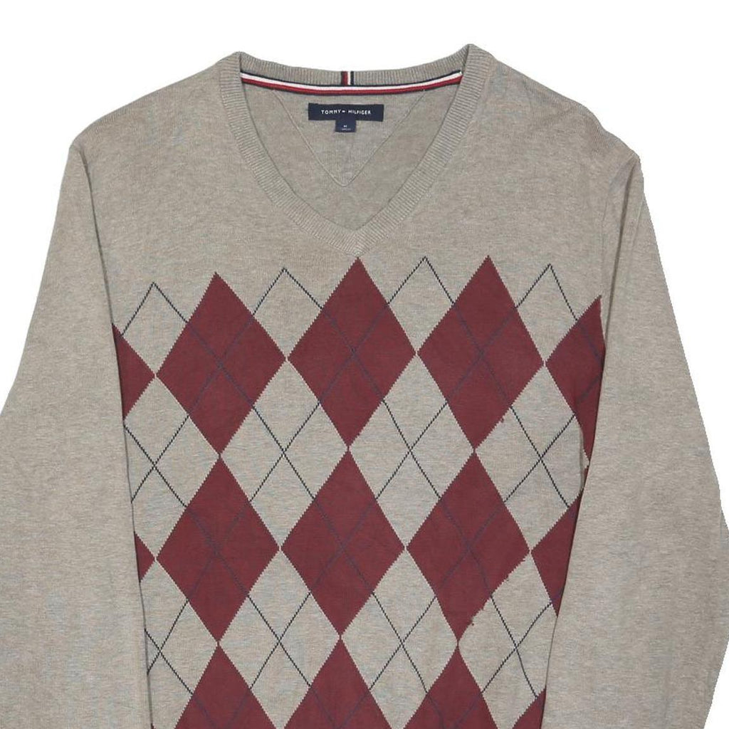TOMMY HILFIGER Mens Beige & Maroon Patterned V-Neck Basic Knit Jumper M Classic