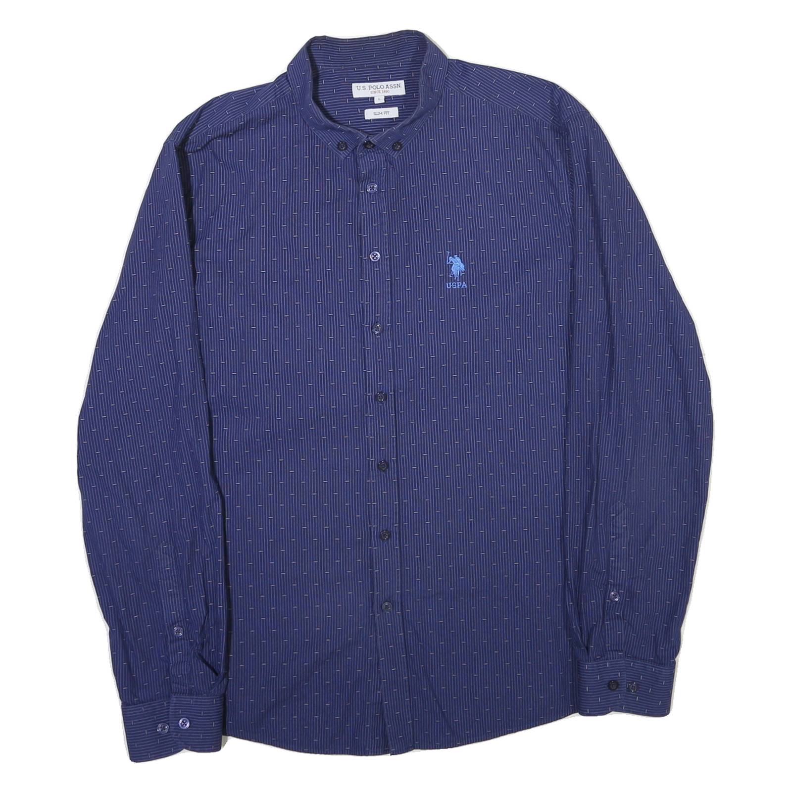 U.S. POLO ASSN Mens Blue Slim Fit Shirt L Cotton Blend Button Down Collar Long