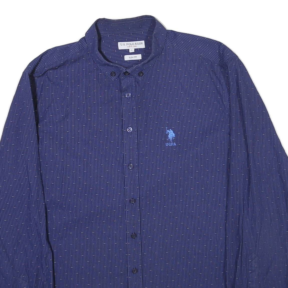 U.S. POLO ASSN Mens Blue Slim Fit Shirt L Cotton Blend Button Down Collar Long