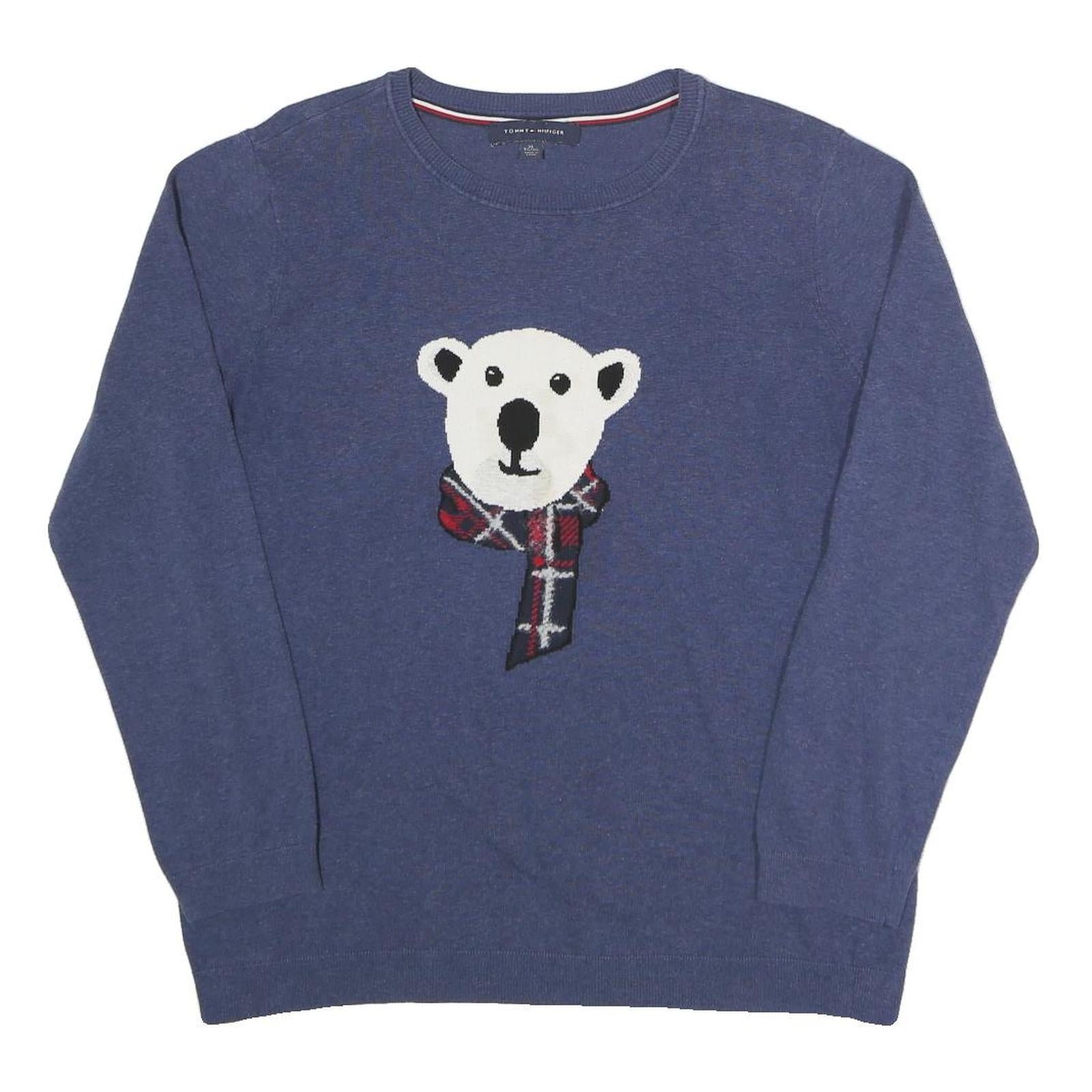 TOMMY HILFIGER Womens Blue Polar Bear Patterned Cotton Blend Jumper Crew Neck XL