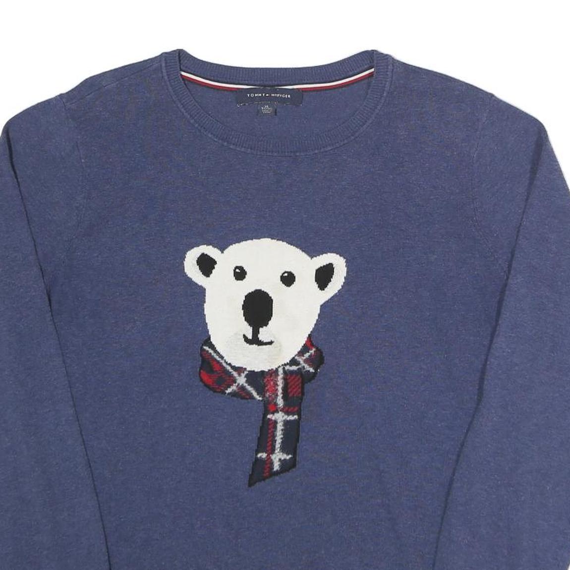 TOMMY HILFIGER Womens Blue Polar Bear Patterned Cotton Blend Jumper Crew Neck XL