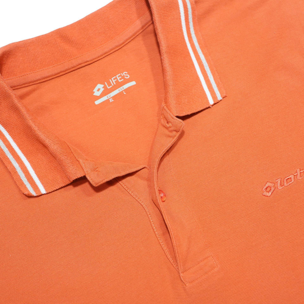 LOTTO Mens Orange Short Sleeve Plain Polo Shirt L Cotton Jersey Point Collar