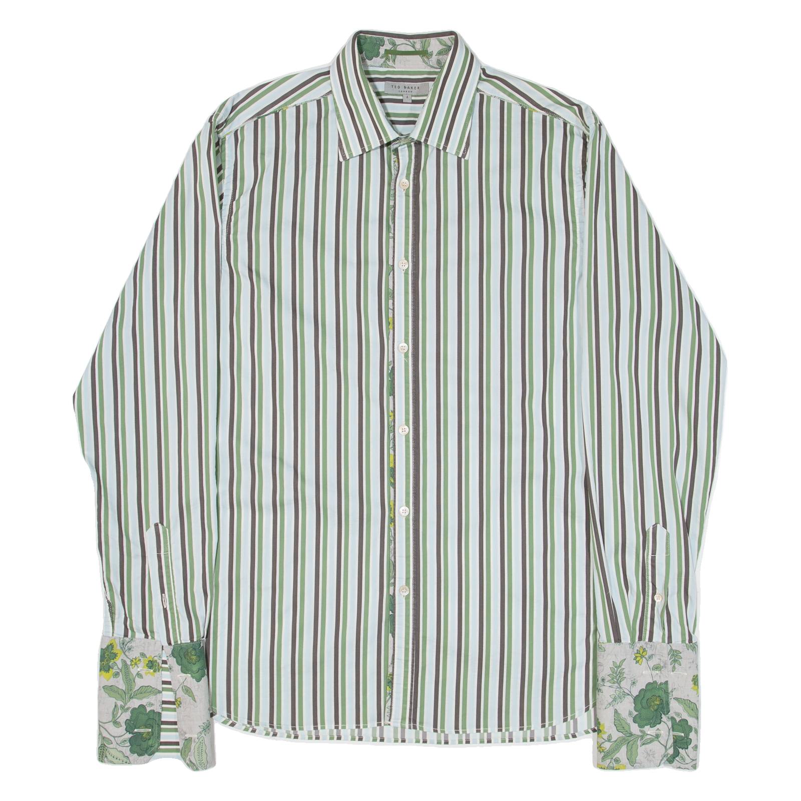 TED BAKER Mens Formal Shirt Green Striped Long Sleeve M