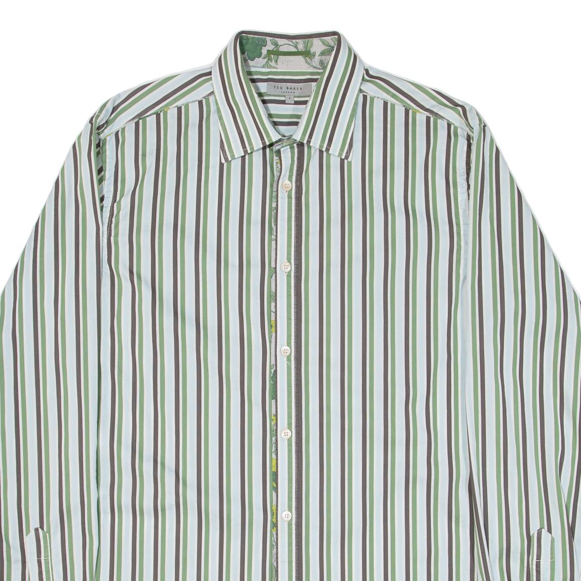 TED BAKER Mens Formal Shirt Green Striped Long Sleeve M
