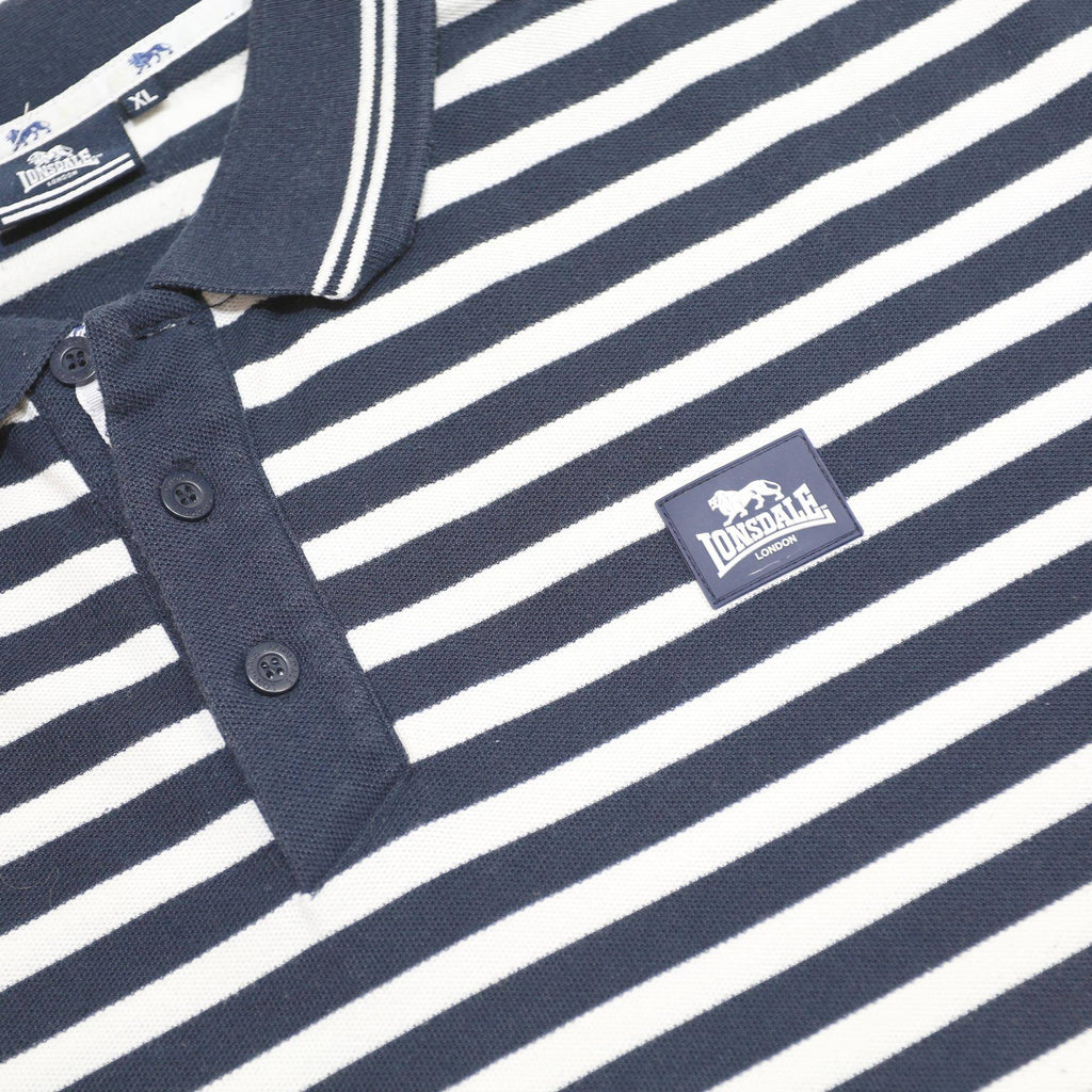 LONSDALE Mens Navy Blue & White Striped Polo Shirt XL Cotton Blend Casual Summer