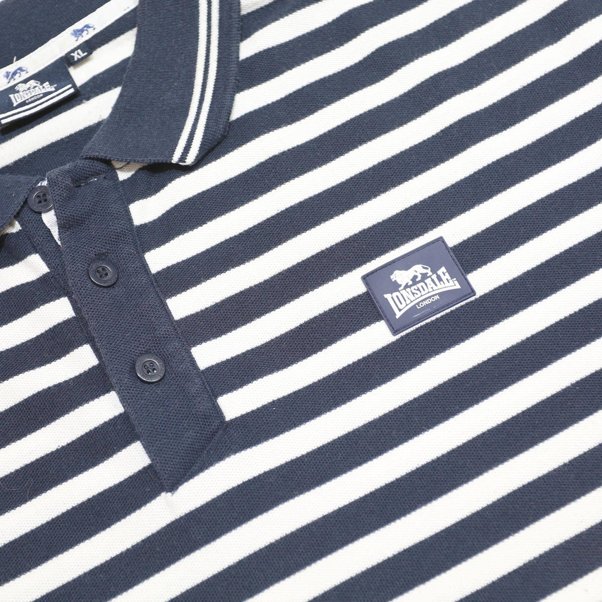LONSDALE Mens Navy Blue & White Striped Polo Shirt XL Cotton Blend Casual Summer