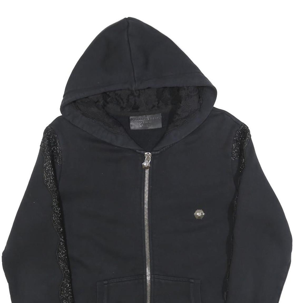 PHILIPP PLEIN Womens Black Cotton Blend Zip Up Hoodie M Skull Graphic Lace Trim
