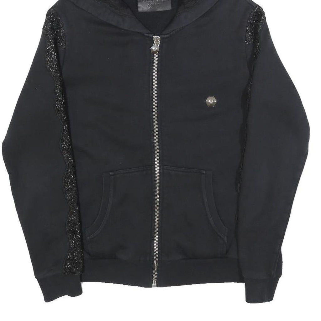PHILIPP PLEIN Womens Black Cotton Blend Zip Up Hoodie M Skull Graphic Lace Trim
