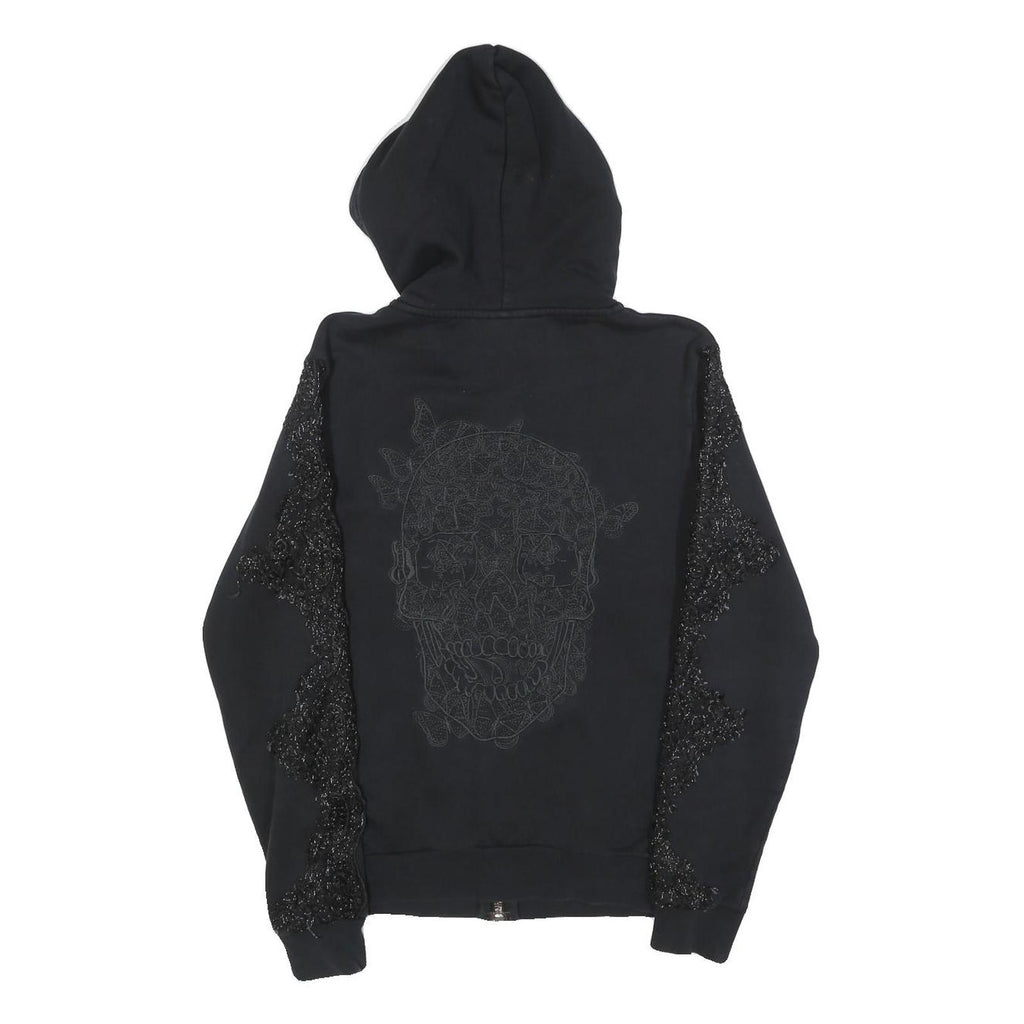 PHILIPP PLEIN Womens Black Cotton Blend Zip Up Hoodie M Skull Graphic Lace Trim
