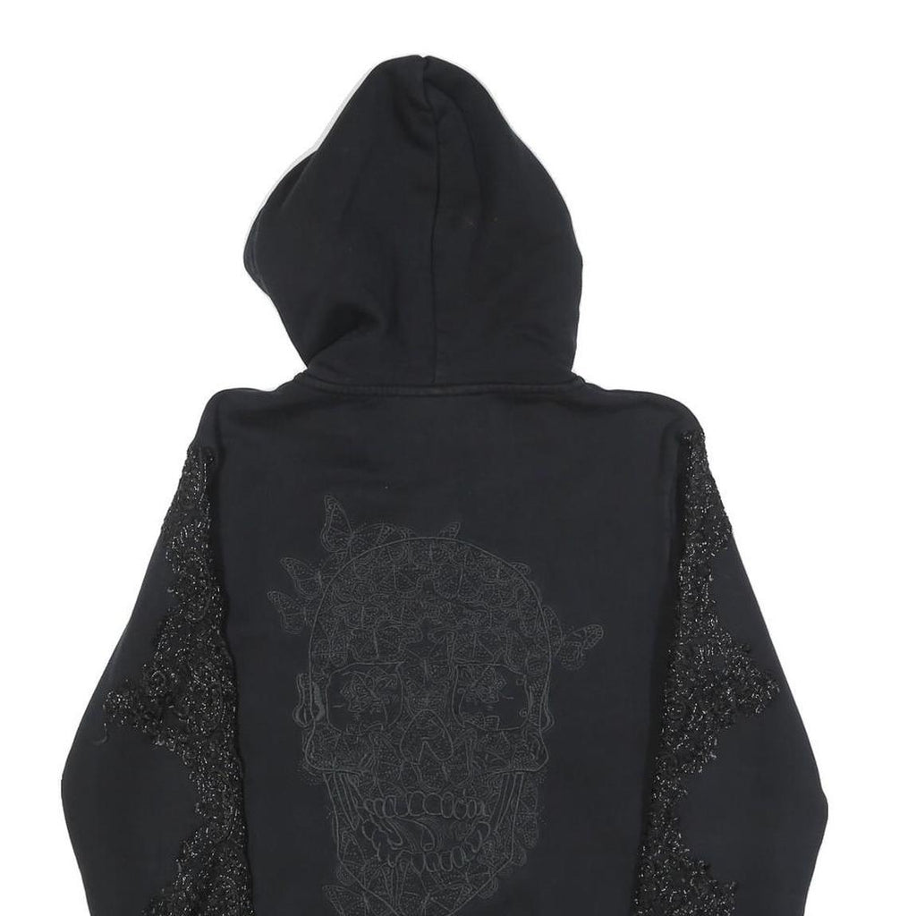 PHILIPP PLEIN Womens Black Cotton Blend Zip Up Hoodie M Skull Graphic Lace Trim