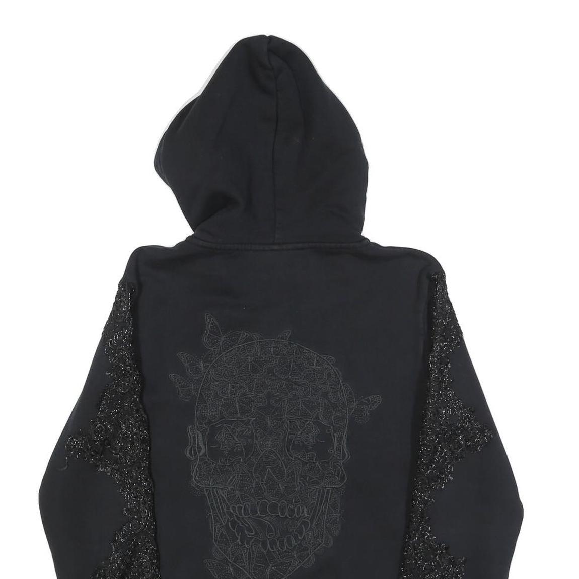 PHILIPP PLEIN Womens Black Cotton Blend Zip Up Hoodie M Skull Graphic Lace Trim