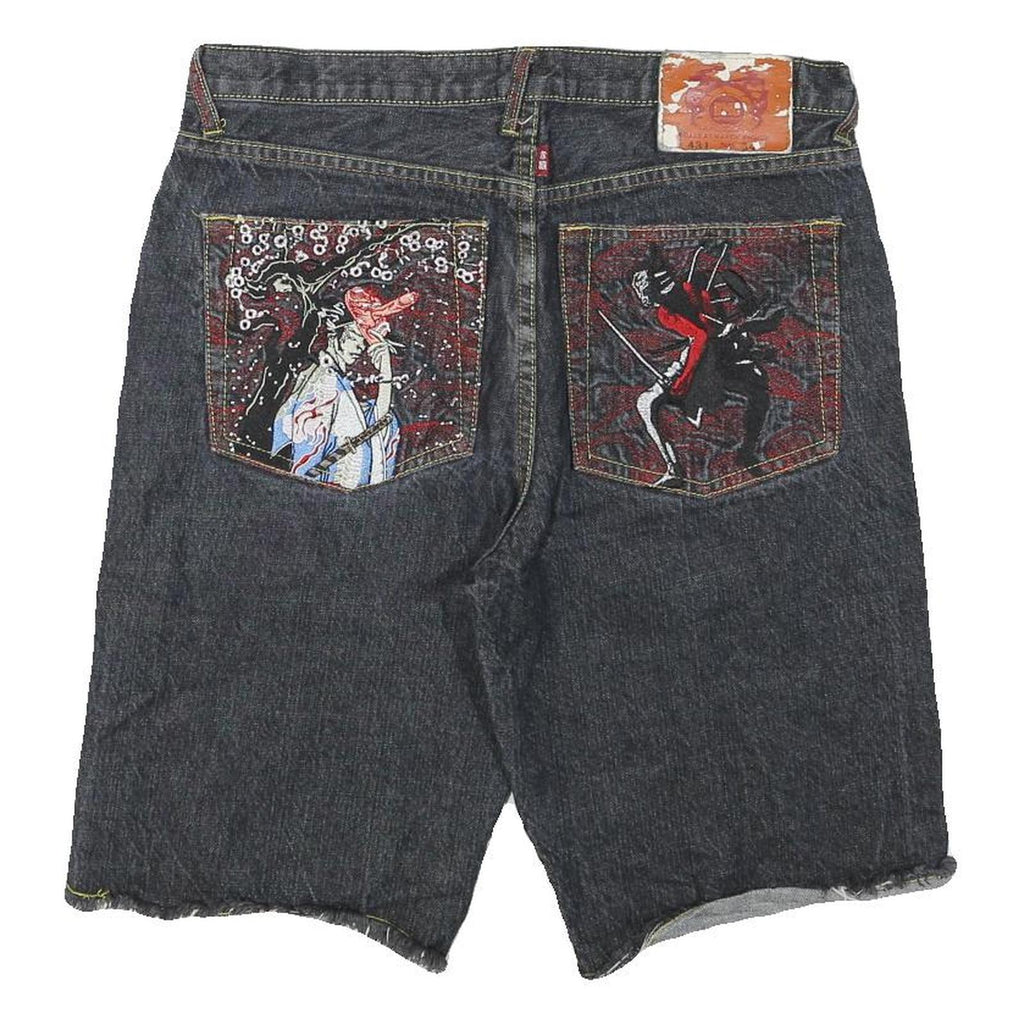 RMC Mens Shorts Blue Denim XL W34 Artistic Patchwork Cotton Blend Casual