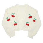 Womens White Cherry Patterned Cropped Jumper V Neck Basic Knit XL Cotton Blend