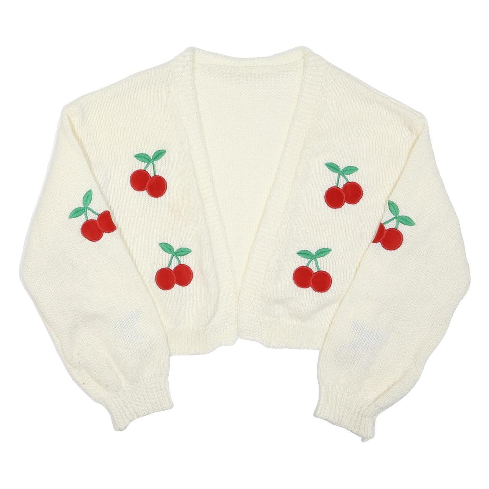Womens White Cherry Patterned Cropped Jumper V Neck Basic Knit XL Cotton Blend