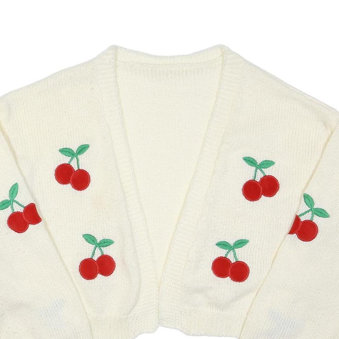 Womens White Cherry Patterned Cropped Jumper V Neck Basic Knit XL Cotton Blend