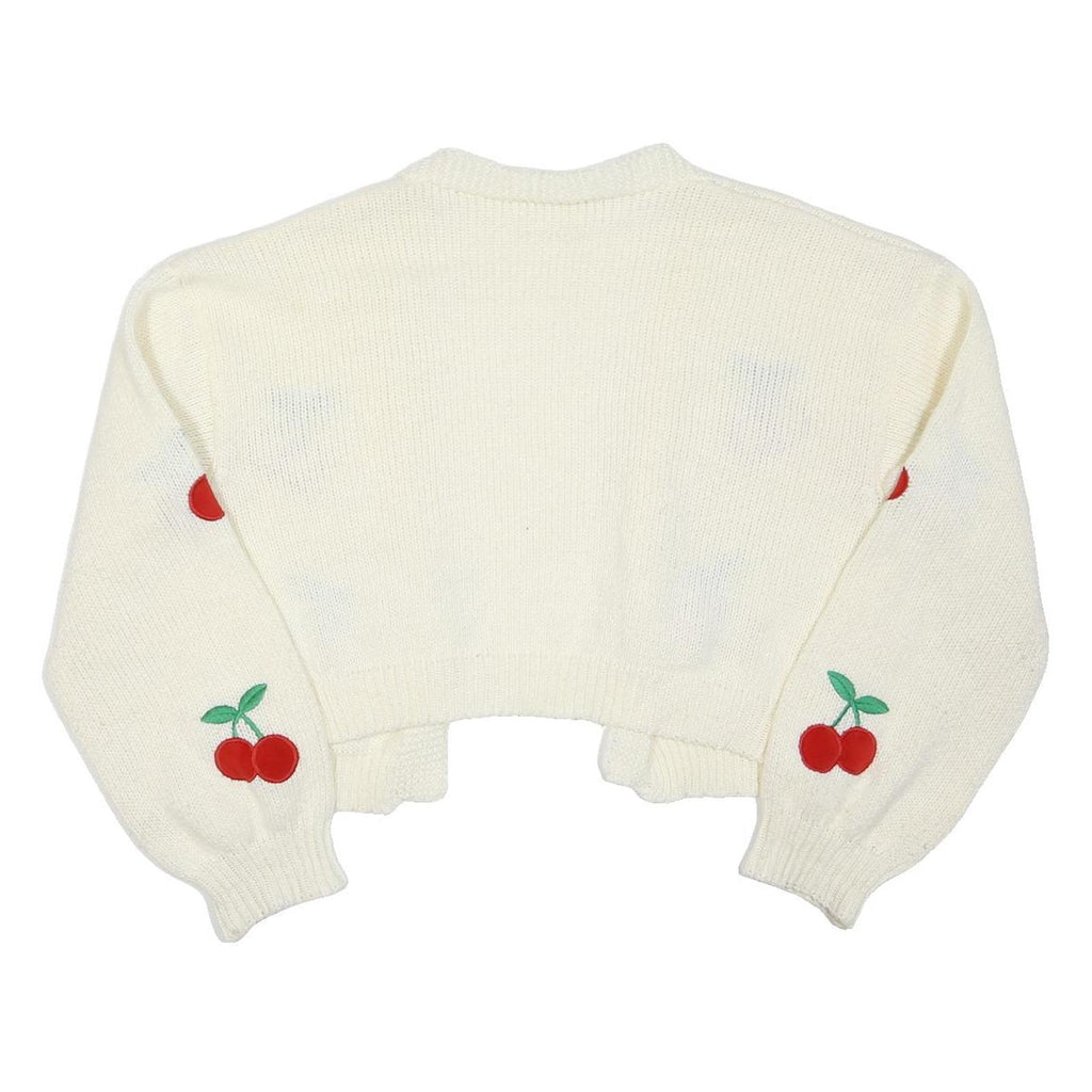 Womens White Cherry Patterned Cropped Jumper V Neck Basic Knit XL Cotton Blend