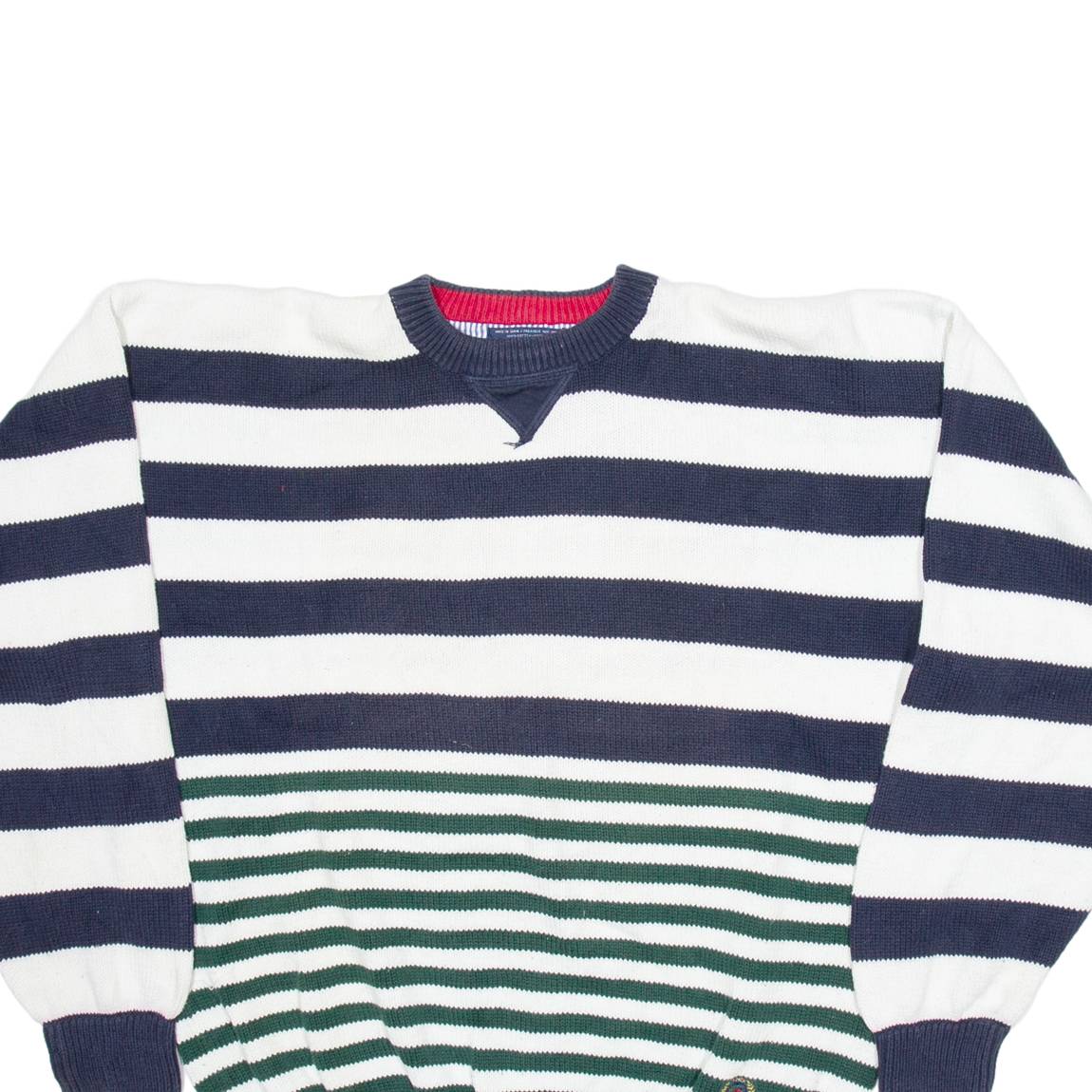TOMMY HILFIGER Mens Patterned Jumper White Striped Tight Knit XL