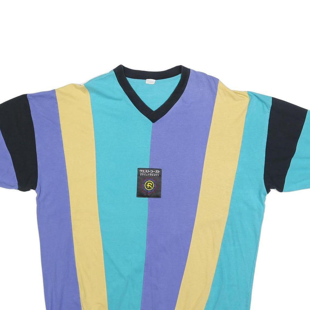 Mens Yellow & Purple & Blue V-Neck Short Sleeve Cotton Blend Shirt L Colour