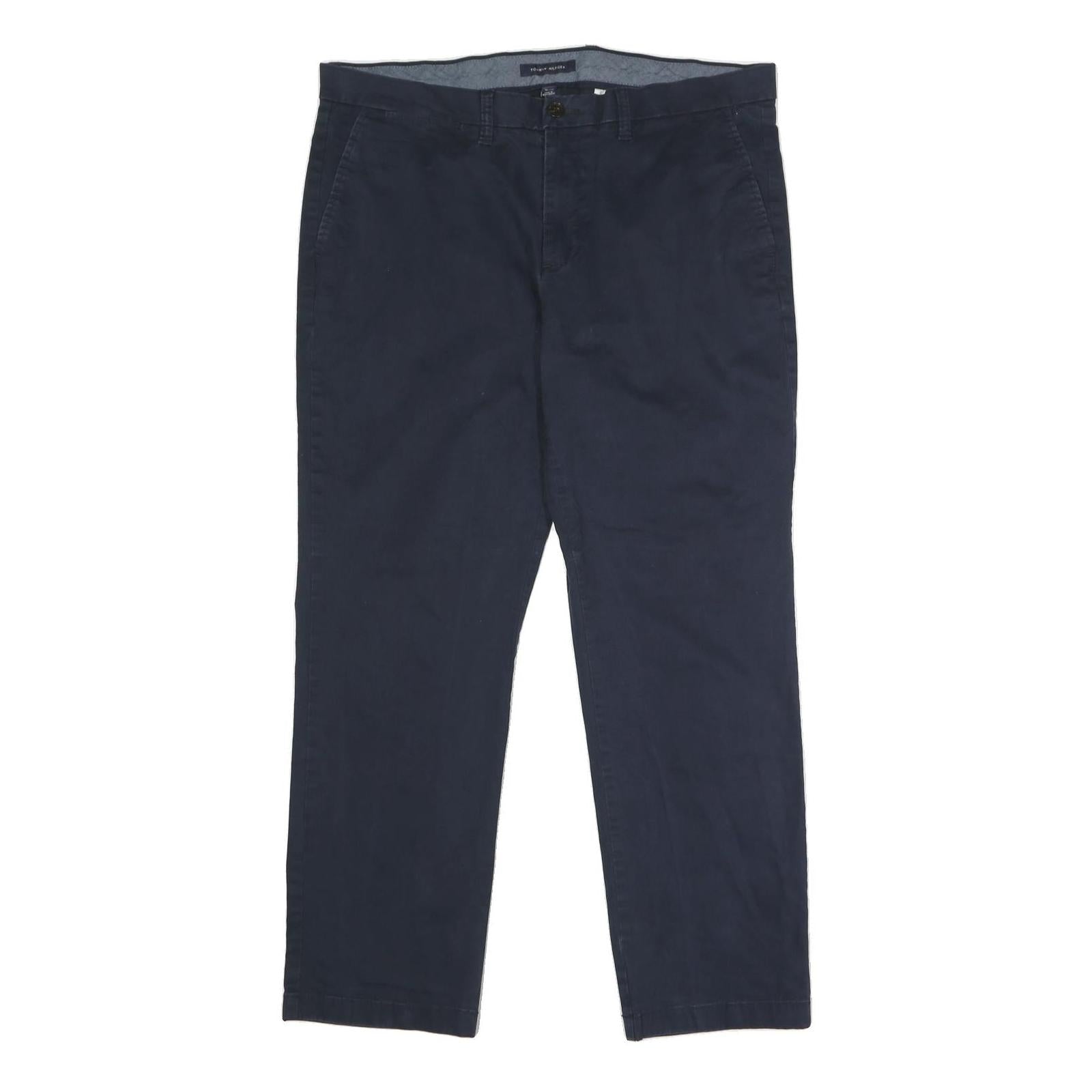 TOMMY HILFIGER Mens Cotton Blend Navy Regular Straight Trousers W36 L30 Casual
