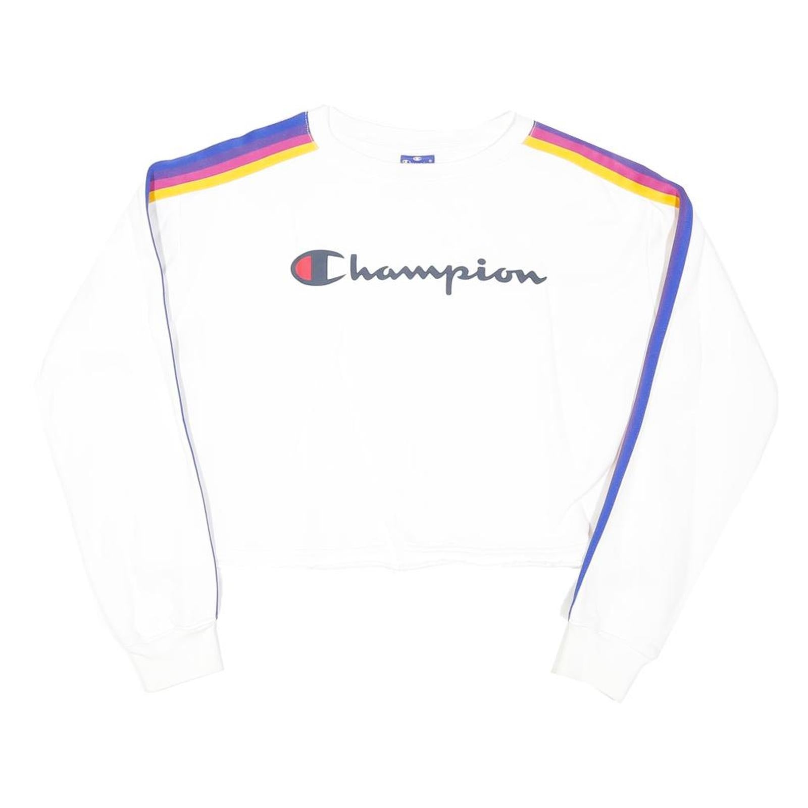 CHAMPION Womens White & Multi Colour Sweatshirt Crew Neck M Cotton Blend Stripe